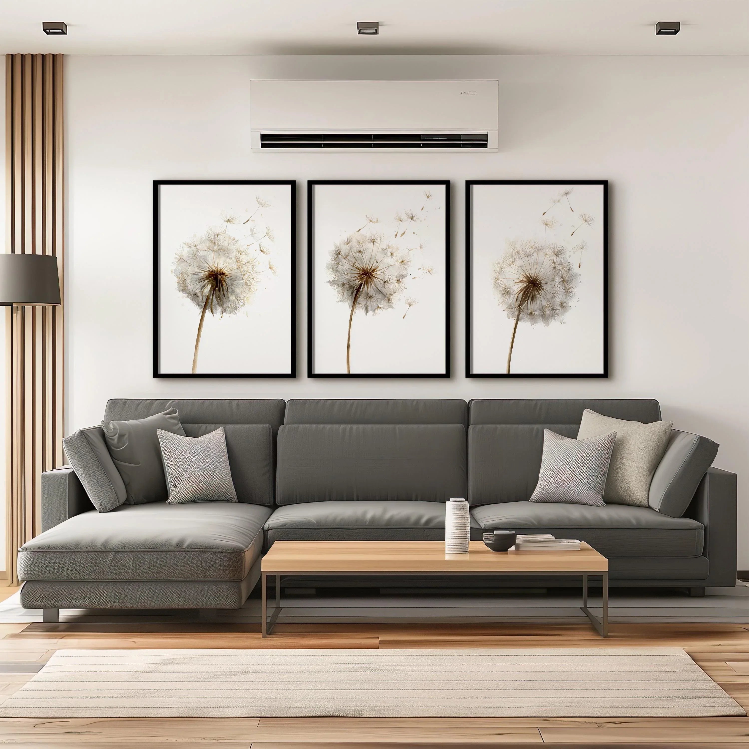 Dandelion seed head wall art set of 3 – beige botanical dandelion decor