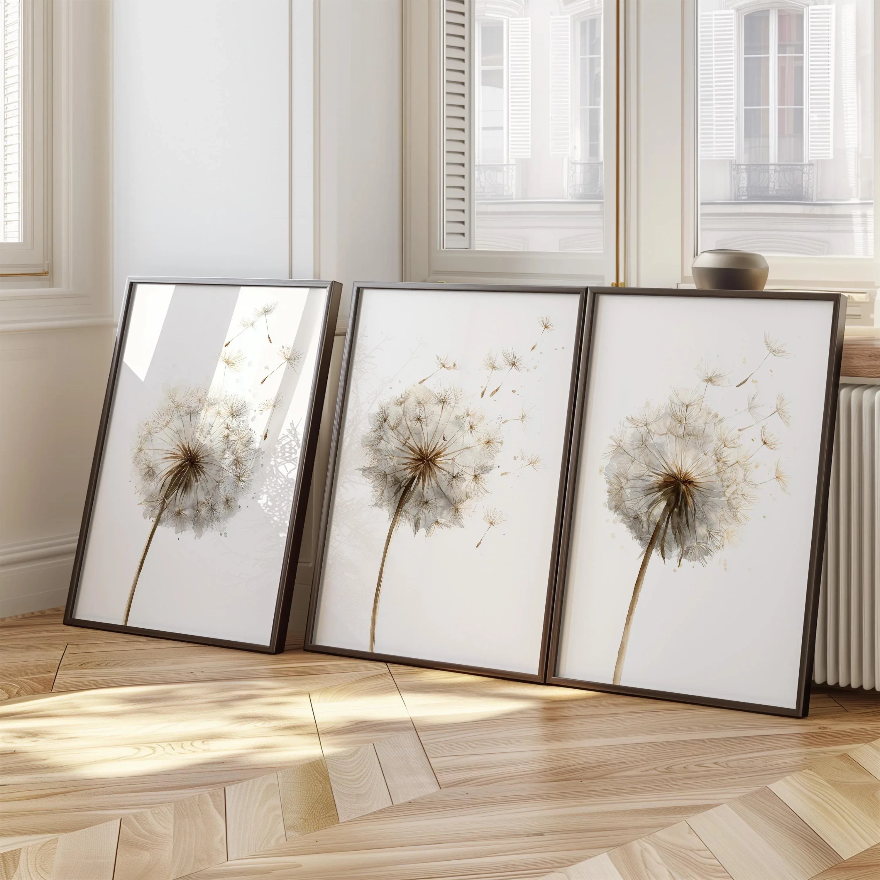 Dandelion seed head wall art set of 3 – beige botanical dandelion decor