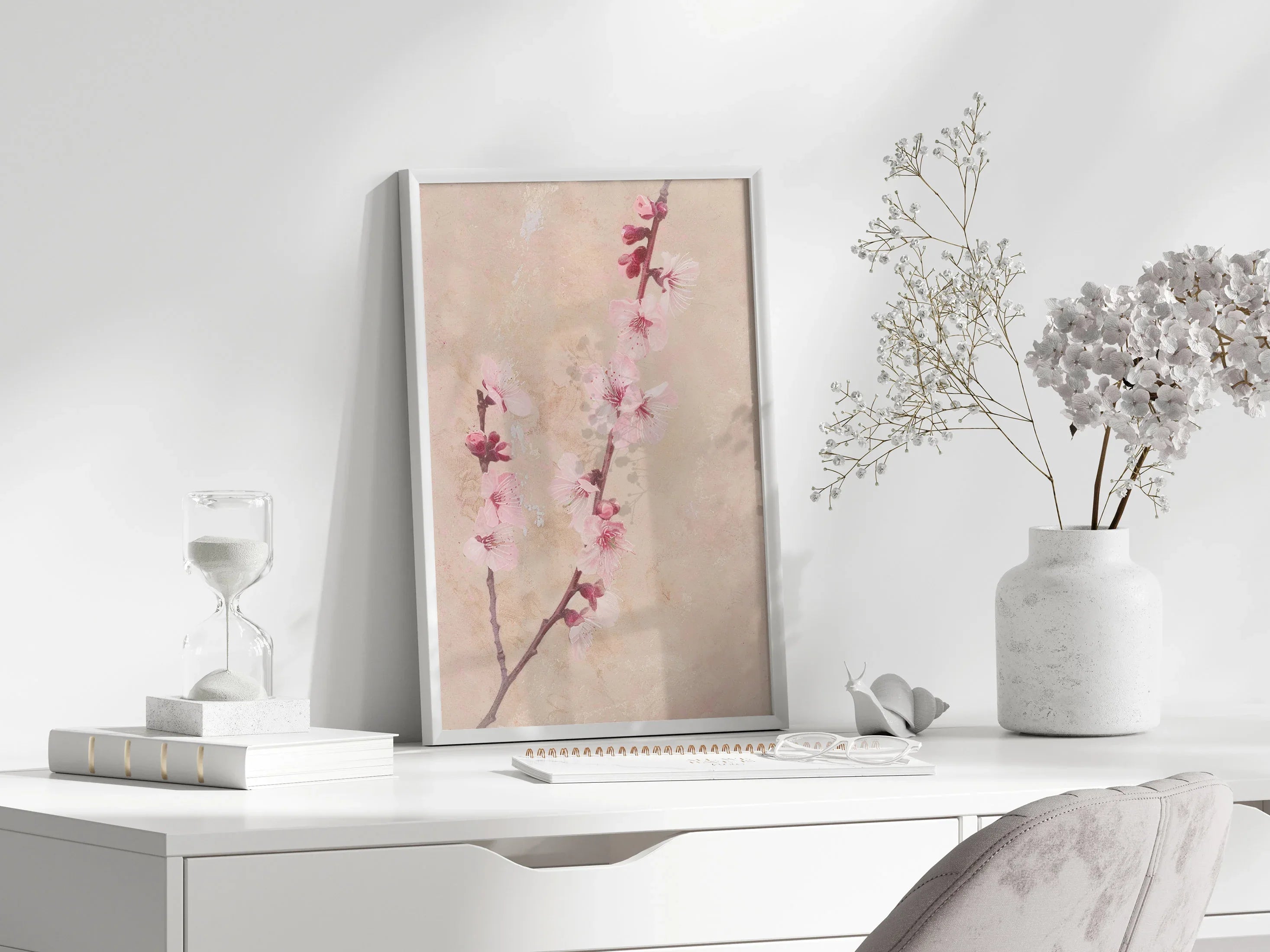 Delicate cherry blossom wall art – elegant pink floral on soft beige background