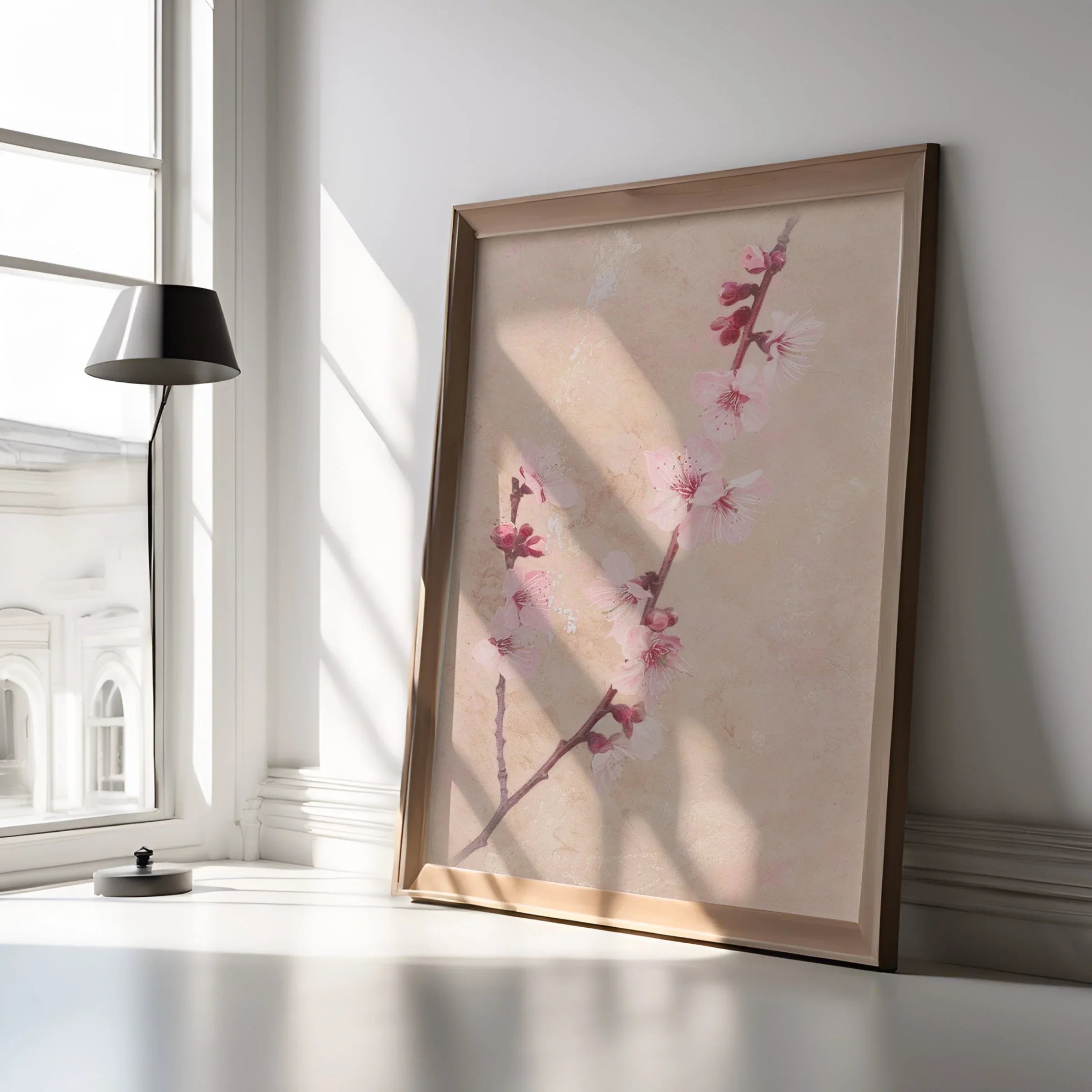 Delicate cherry blossom wall art – elegant pink floral on soft beige background