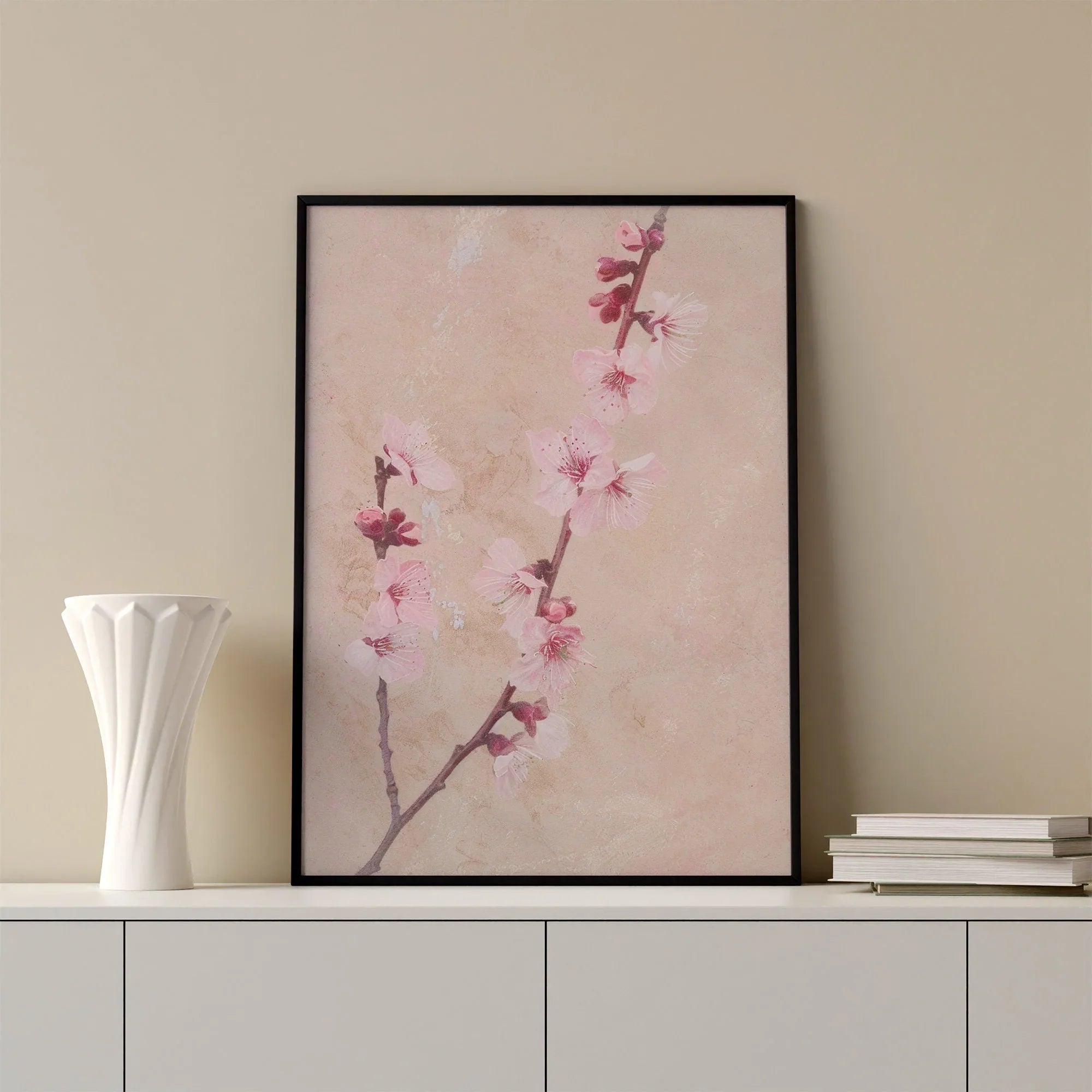 Delicate cherry blossom wall art – elegant pink floral on soft beige background
