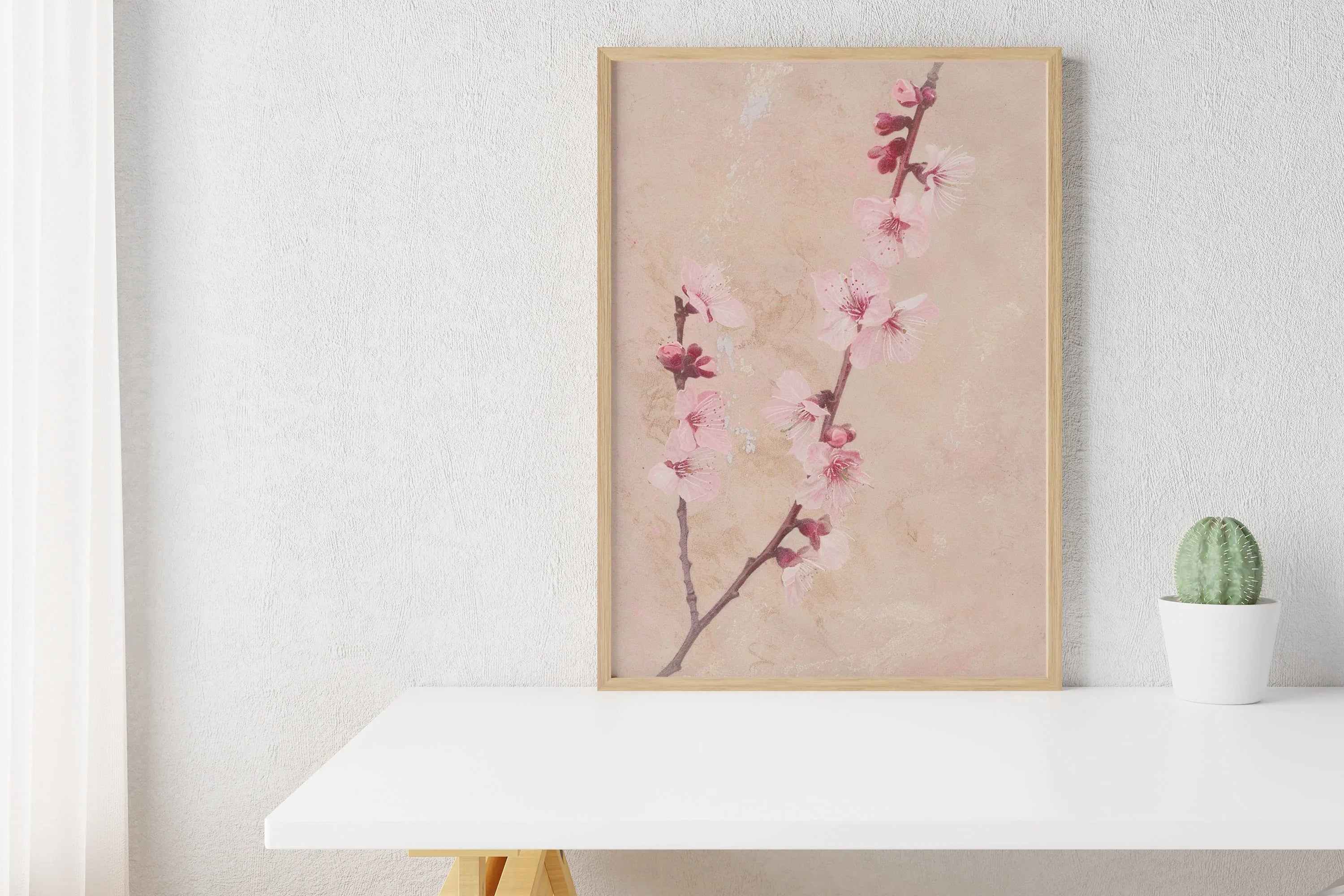 Delicate cherry blossom wall art – elegant pink floral on soft beige background