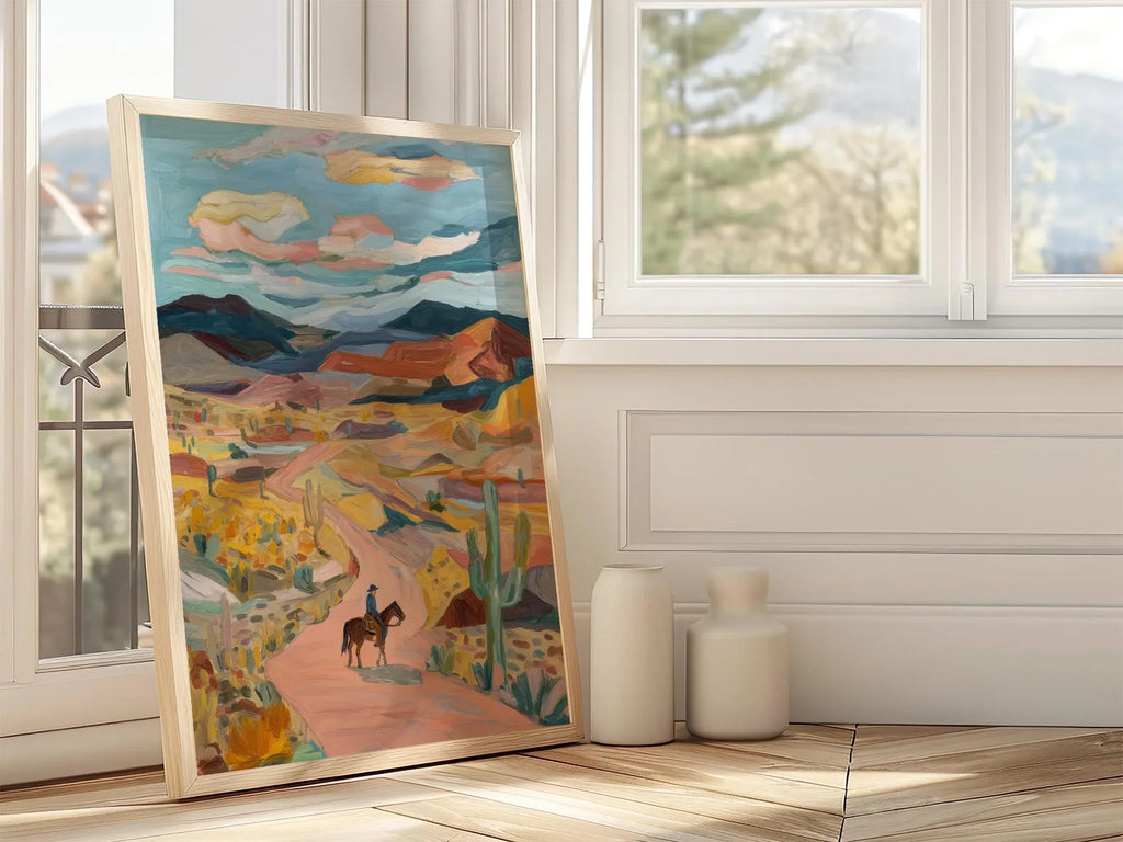 Desert cowboy wall art – lone horseback rider on Southwest trail with cacti and mountains