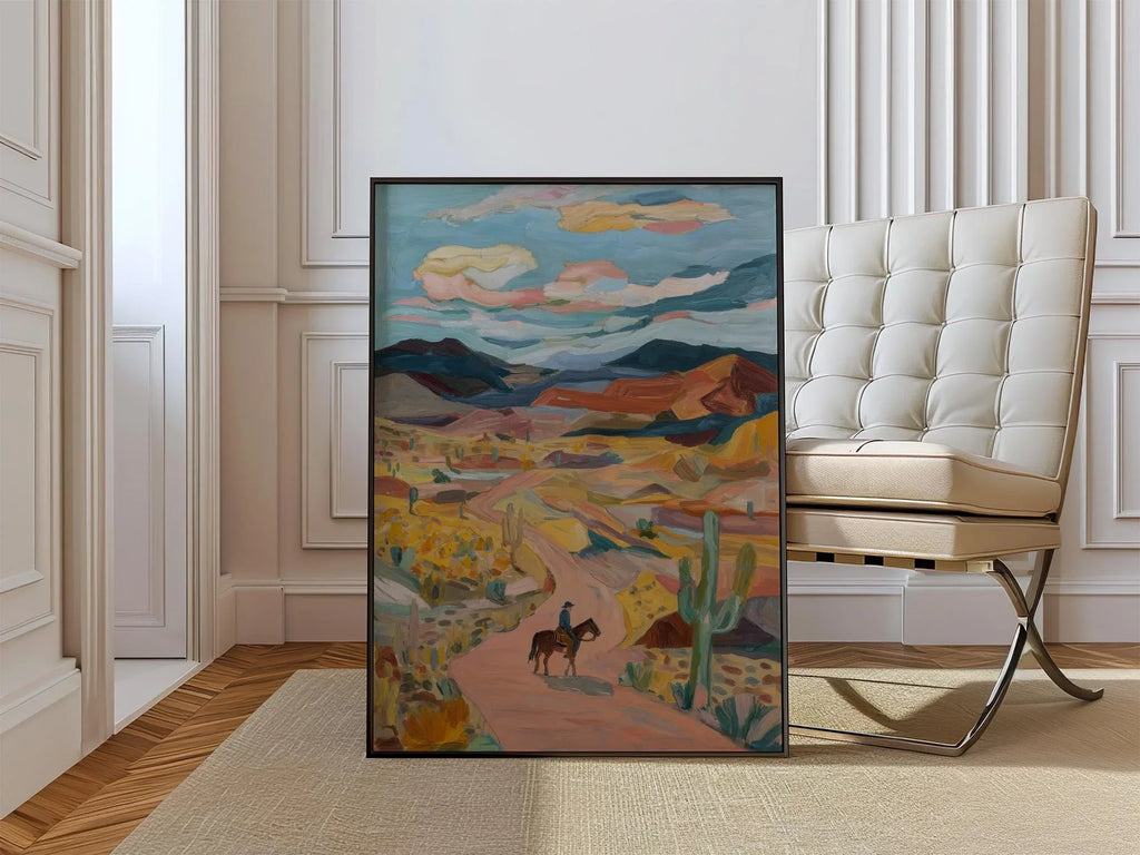 Desert cowboy wall art – lone horseback rider on Southwest trail with cacti and mountains