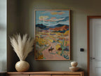 Desert cowboy wall art – lone horseback rider on Southwest trail with cacti and mountains