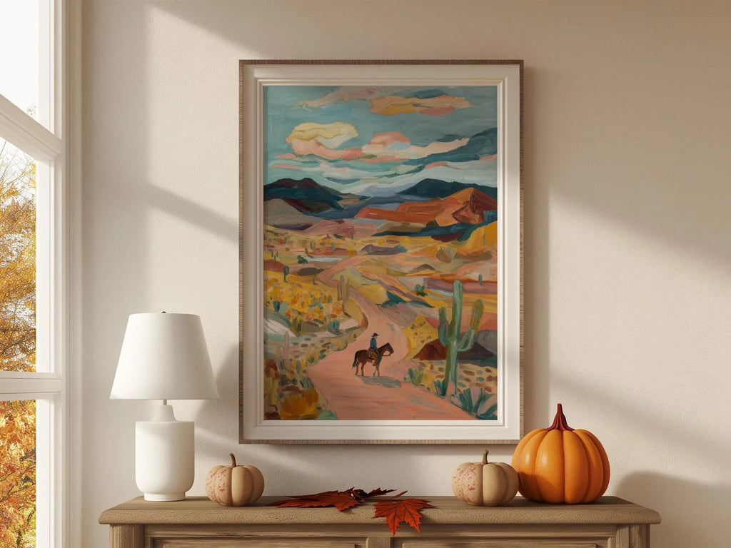 Desert cowboy wall art – lone horseback rider on Southwest trail with cacti and mountains
