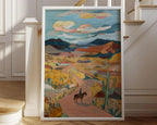 Desert cowboy wall art – lone horseback rider on Southwest trail with cacti and mountains