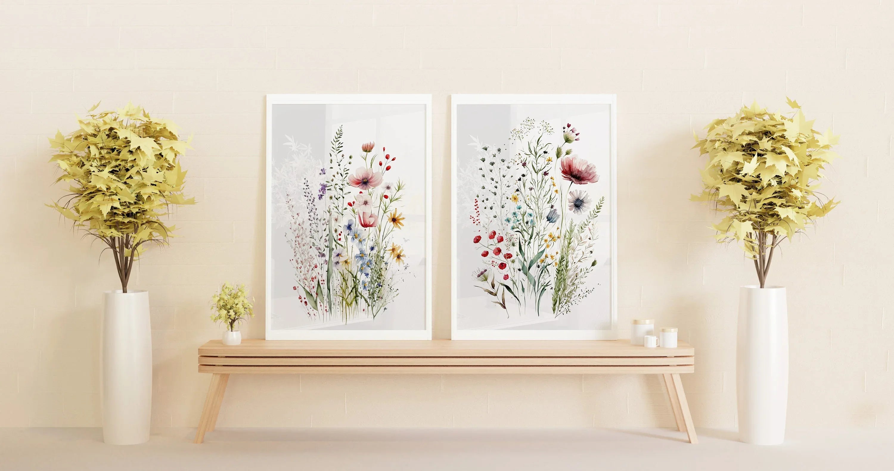 Dried meadow flowers wall art set of 2 – minimalist spring wildflower botanical