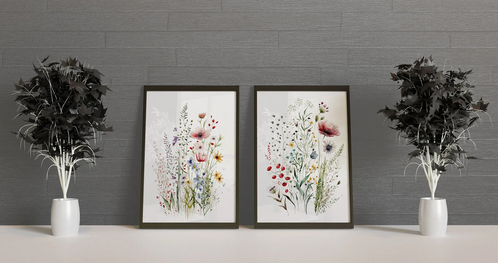 Dried meadow flowers wall art set of 2 – minimalist spring wildflower botanical