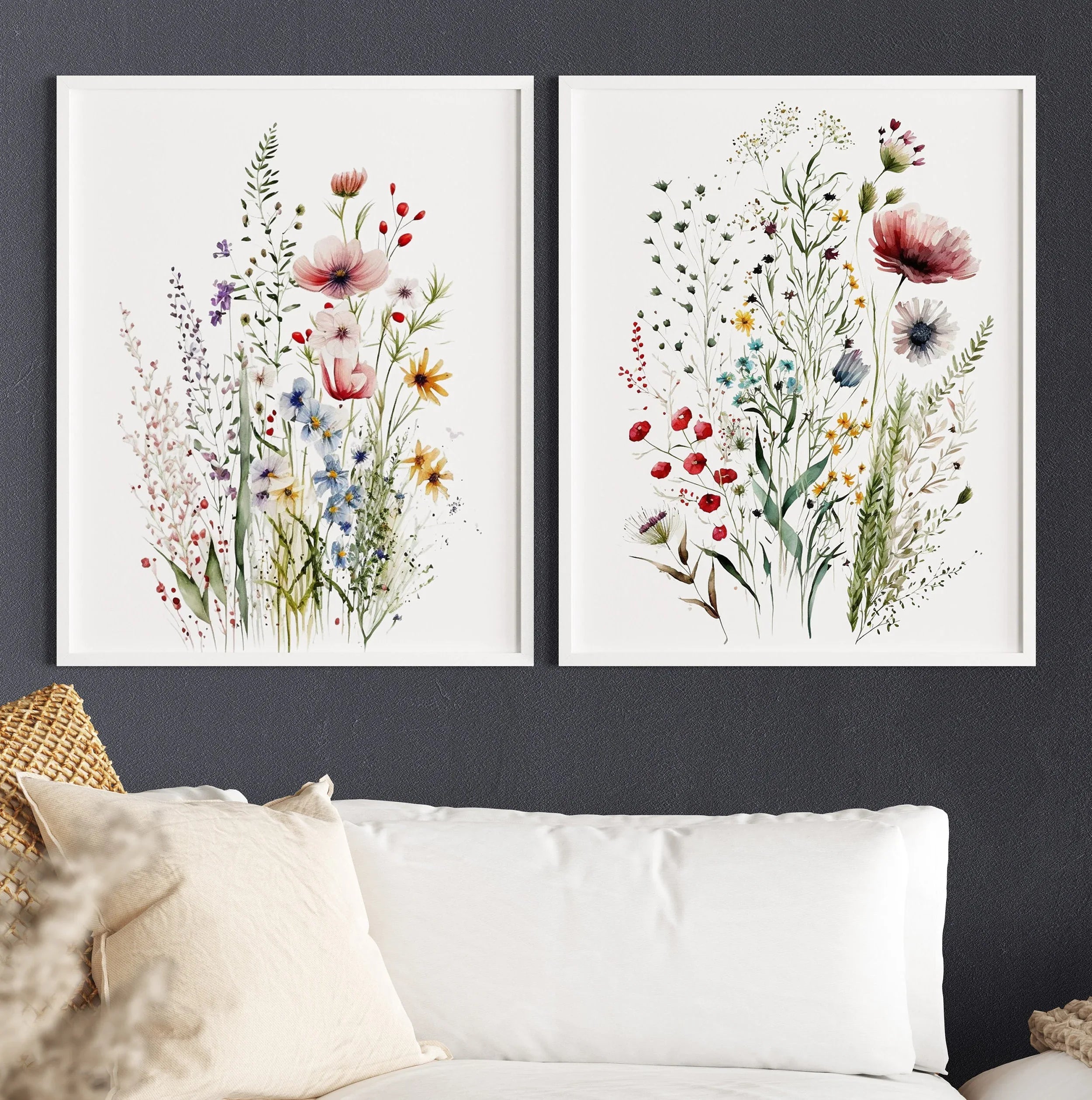 Dried meadow flowers wall art set of 2 – minimalist spring wildflower botanical