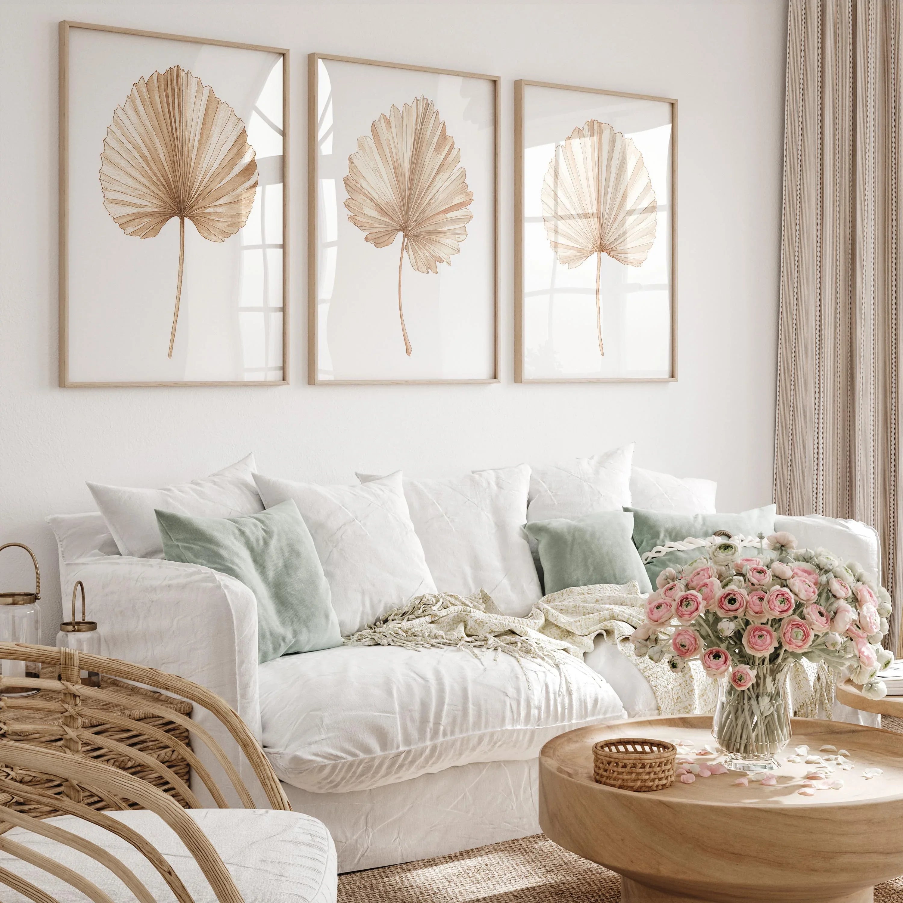 Dried palm leaf wall art set of 3 – beige neutral tropical fan palm fronds