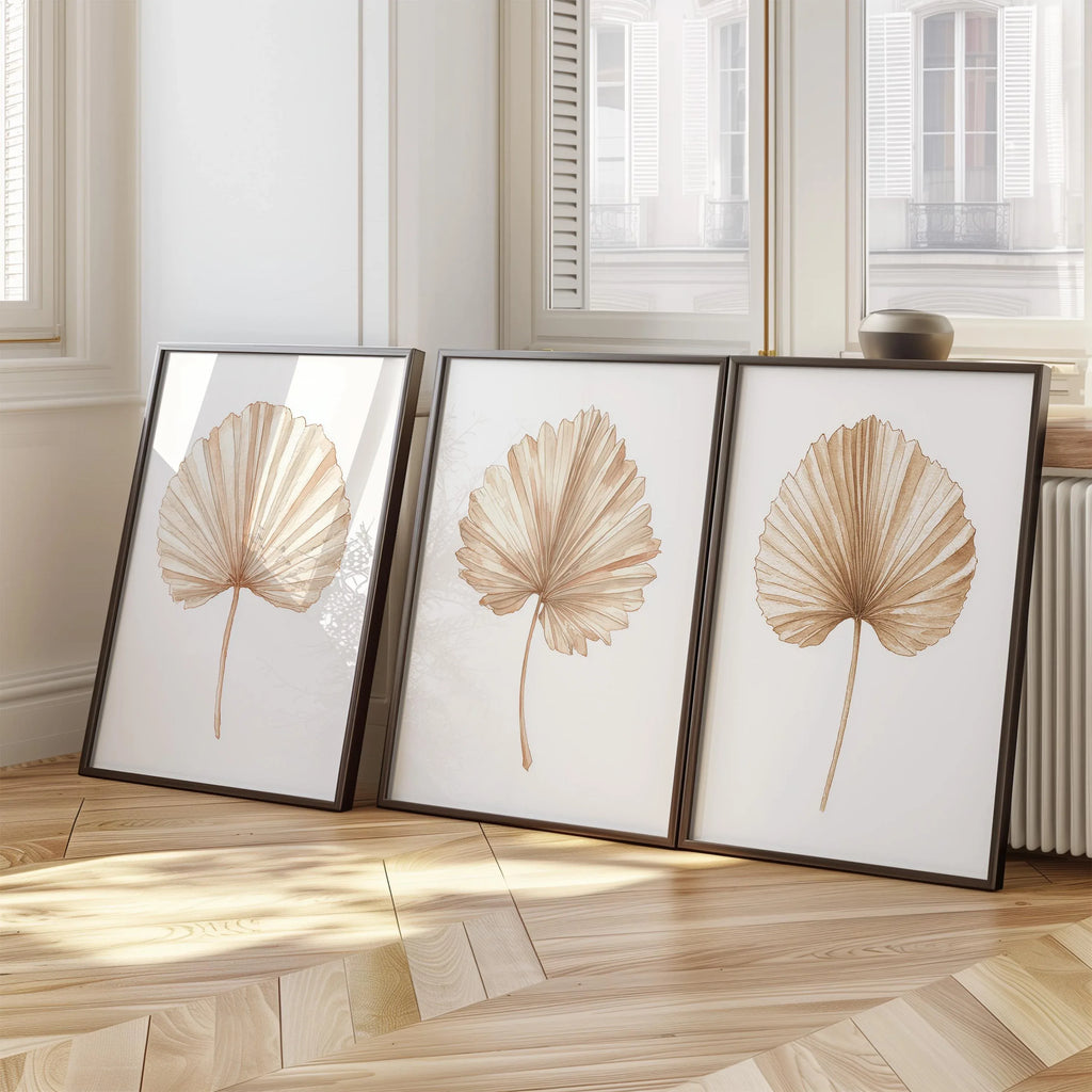 Dried palm leaf wall art set of 3 – beige neutral tropical fan palm fronds