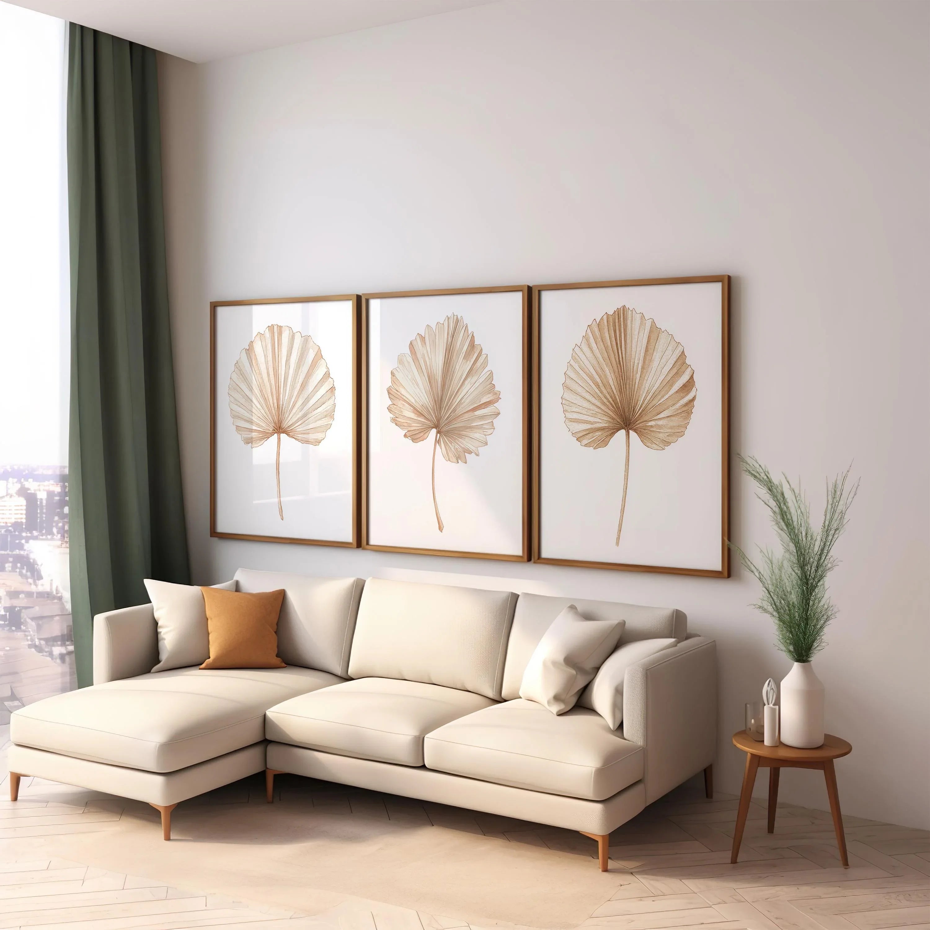 Dried palm leaf wall art set of 3 – beige neutral tropical fan palm fronds