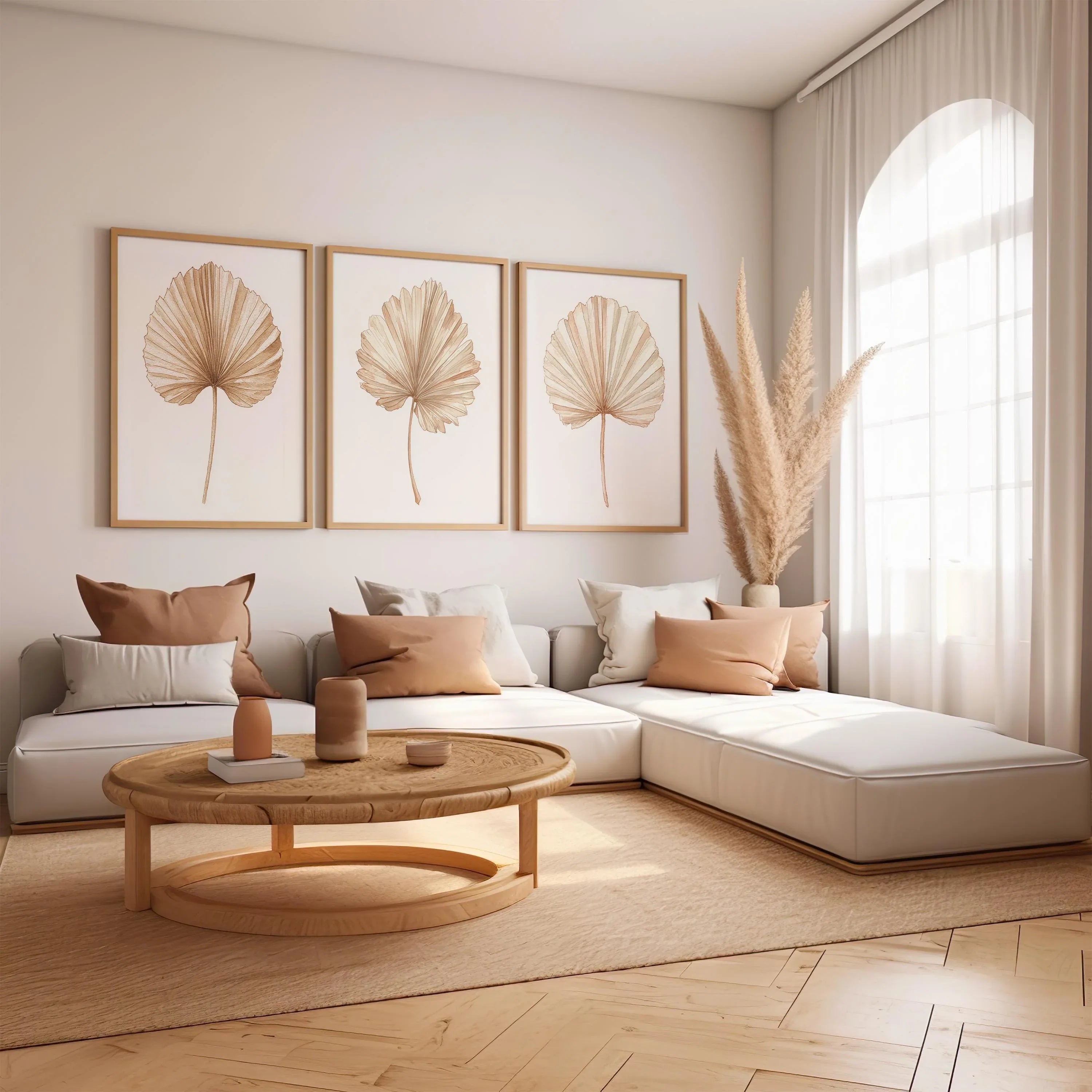 Dried palm leaf wall art set of 3 – beige neutral tropical fan palm fronds