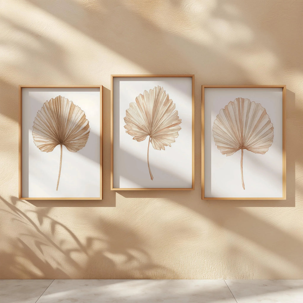 Dried palm leaf wall art set of 3 – beige neutral tropical fan palm fronds