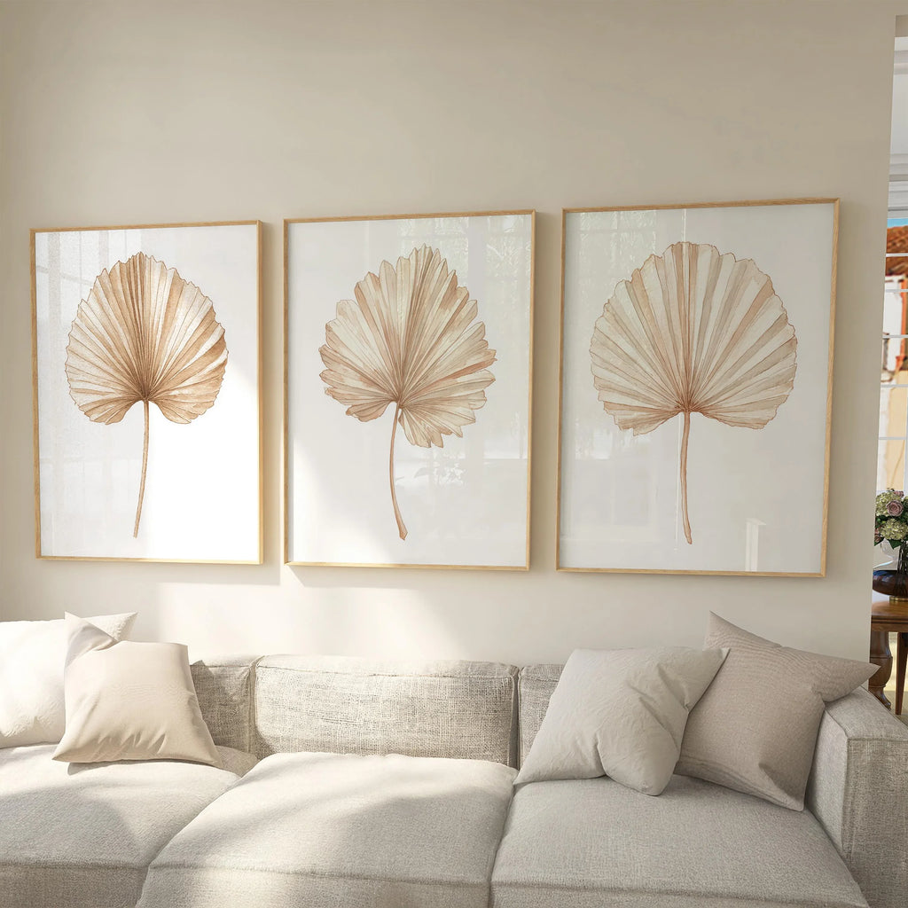 Dried palm leaf wall art set of 3 – beige neutral tropical fan palm fronds