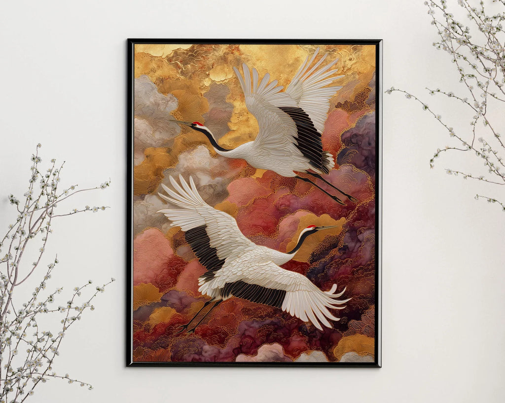 Elegant cranes in gold clouds wall art – Japanese luxe crane bird composition