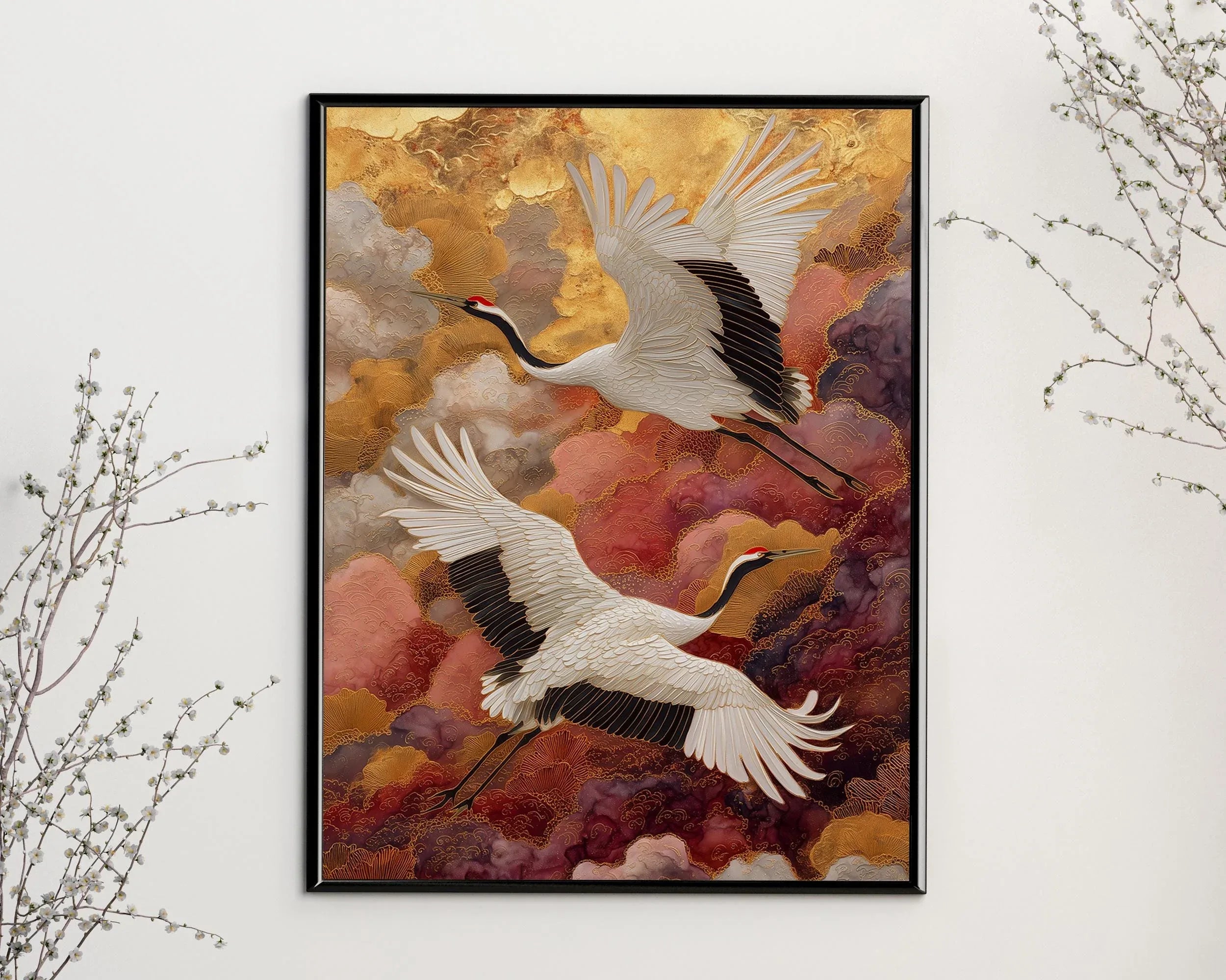 Elegant cranes in gold clouds wall art – Japanese luxe crane bird composition