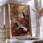 Elegant cranes in gold clouds wall art – Japanese luxe crane bird composition