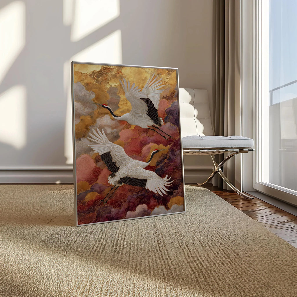 Elegant cranes in gold clouds wall art – Japanese luxe crane bird composition