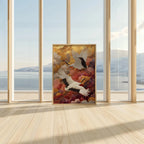 Elegant cranes in gold clouds wall art – Japanese luxe crane bird composition