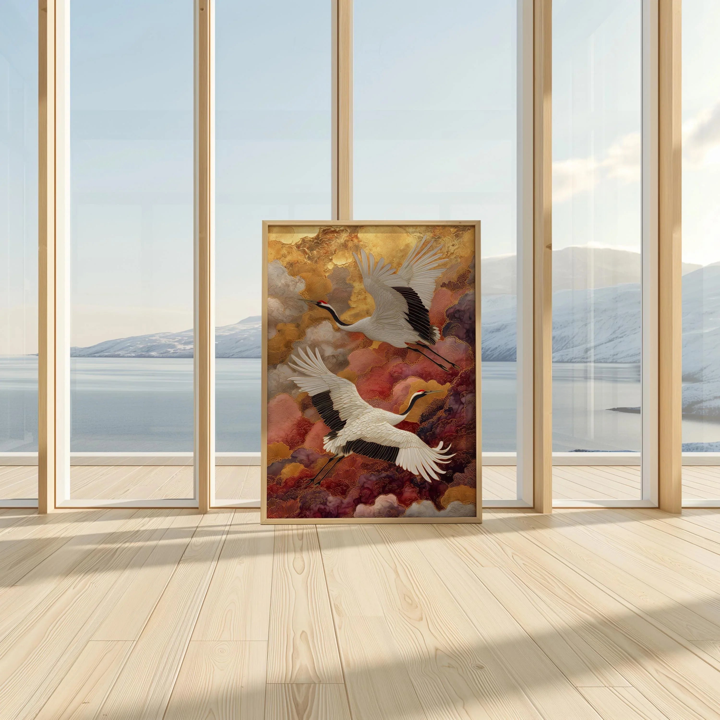 Elegant cranes in gold clouds wall art – Japanese luxe crane bird composition