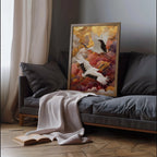 Elegant cranes in gold clouds wall art – Japanese luxe crane bird composition