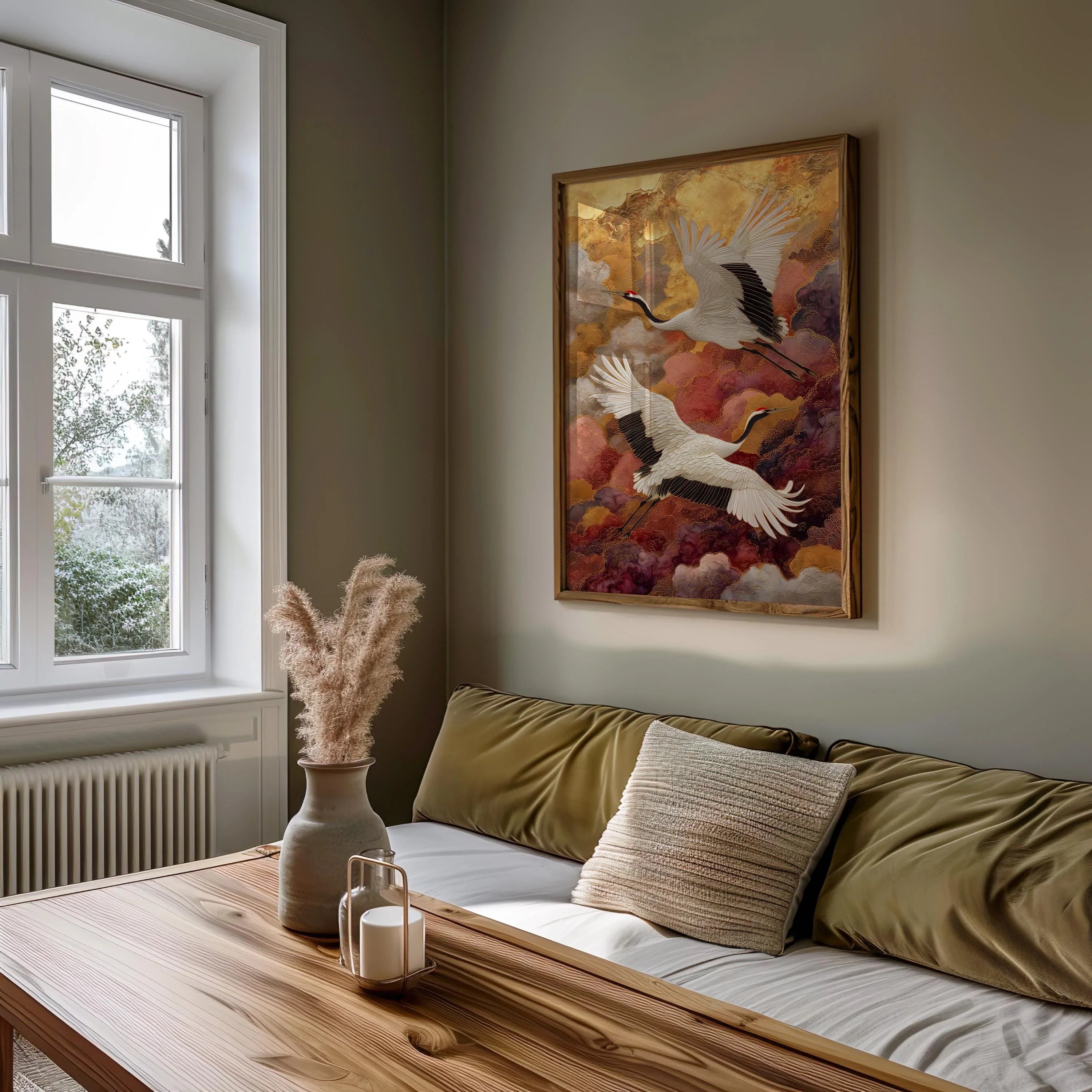 Elegant cranes in gold clouds wall art – Japanese luxe crane bird composition
