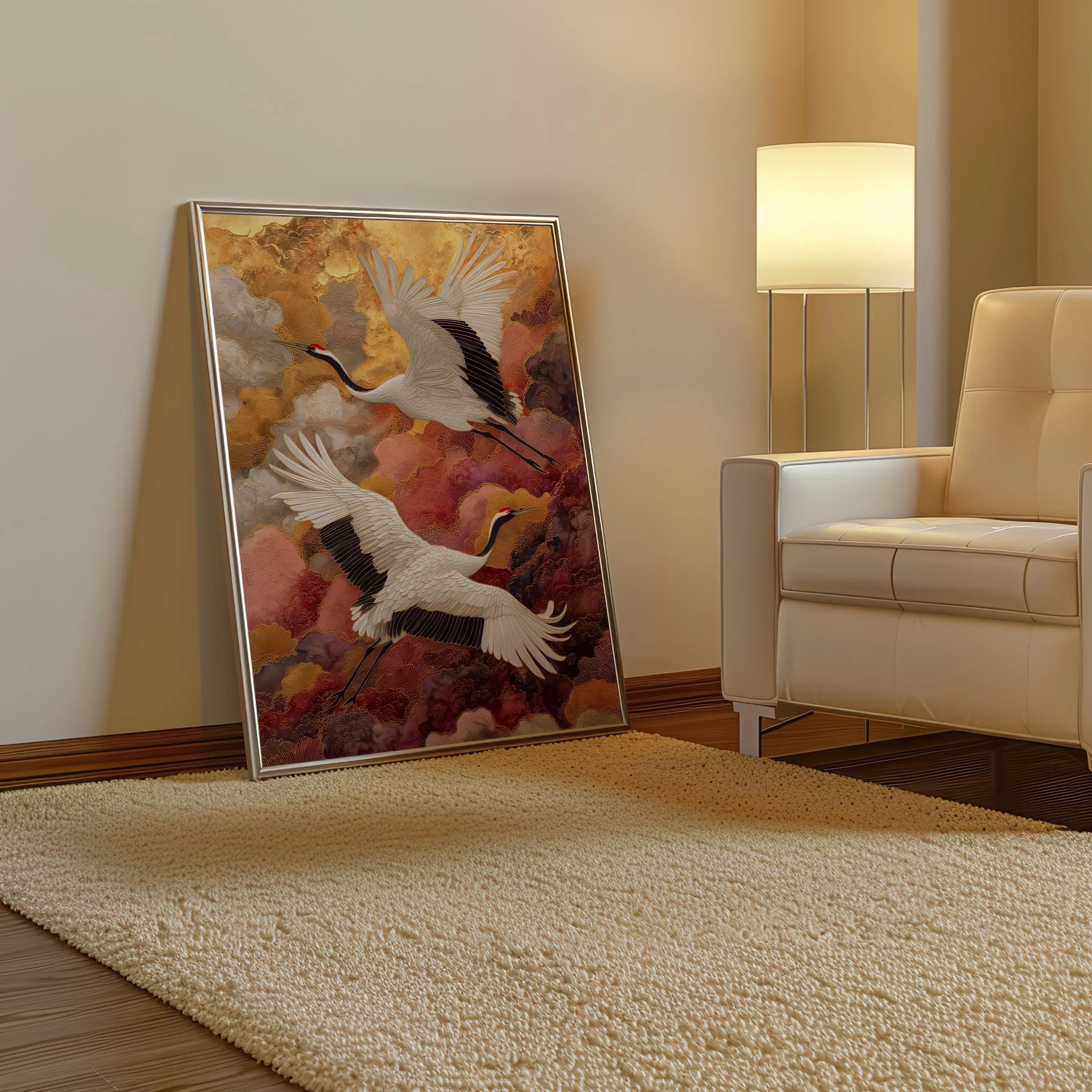 Elegant cranes in gold clouds wall art – Japanese luxe crane bird composition