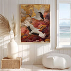 Elegant cranes in gold clouds wall art – Japanese luxe crane bird composition