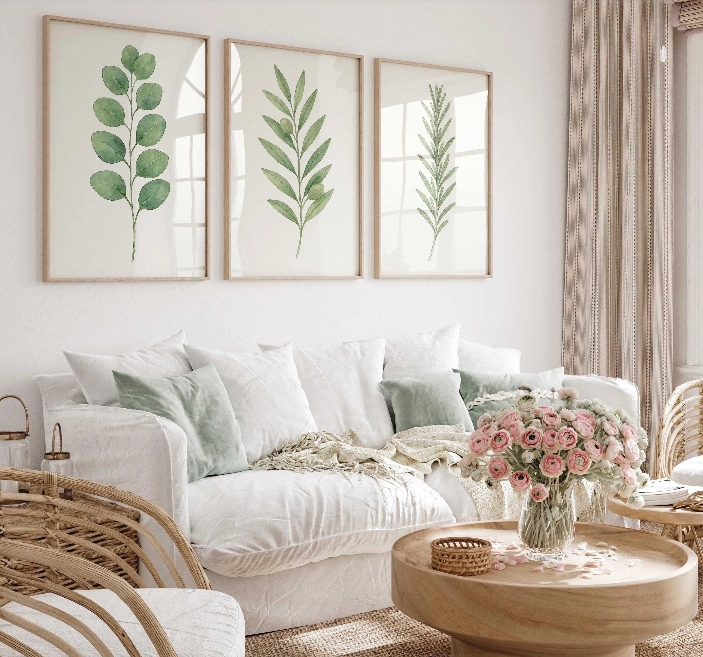 Eucalyptus leaf wall art set of 3 – minimalist green watercolour botanical