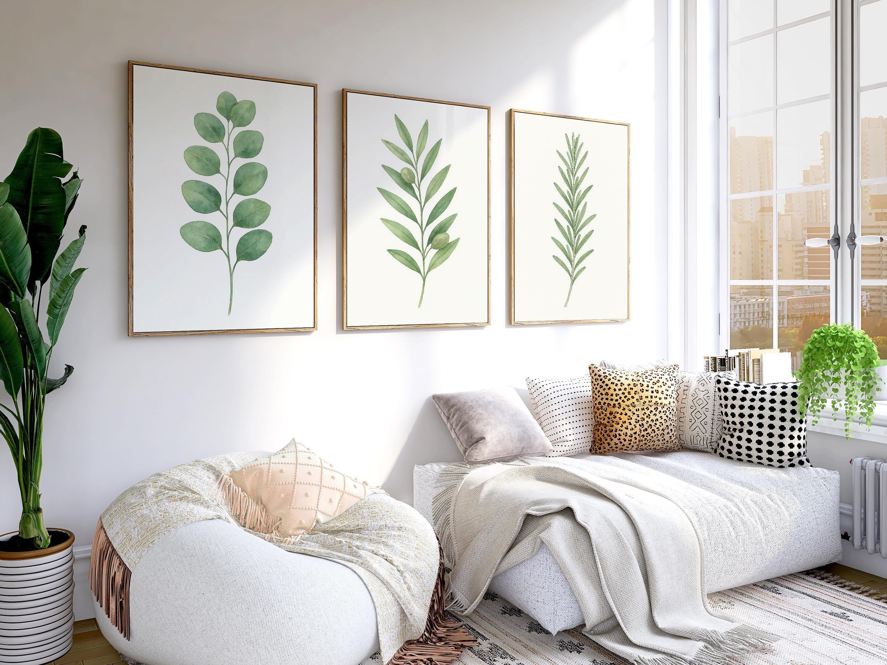 Eucalyptus leaf wall art set of 3 – minimalist green watercolour botanical