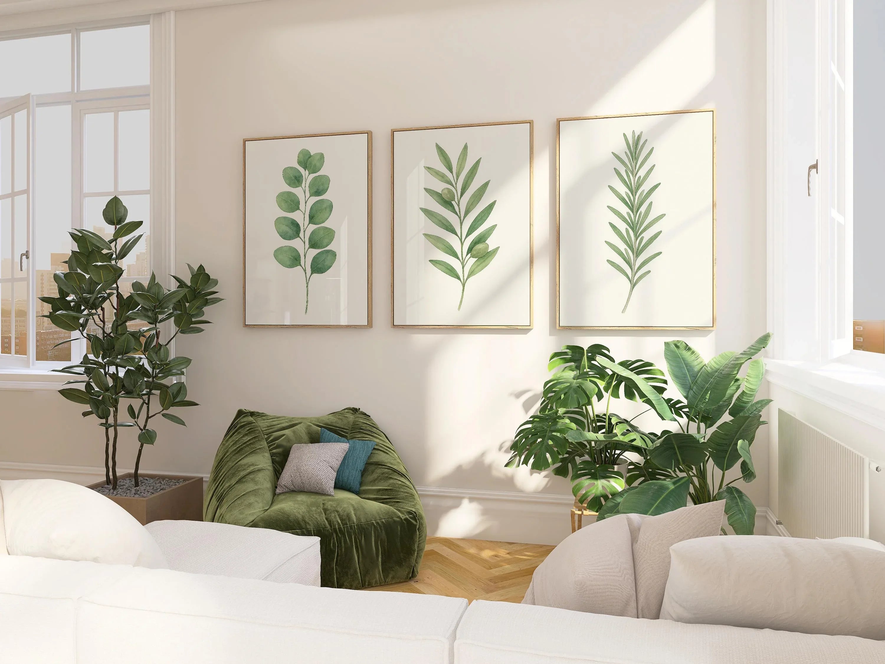 Eucalyptus leaf wall art set of 3 – minimalist green watercolour botanical