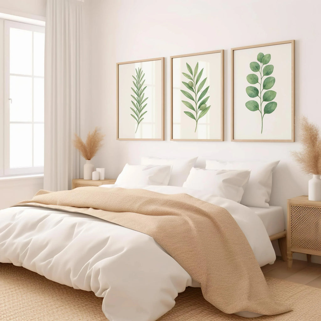 Eucalyptus leaf wall art set of 3 – minimalist green watercolour botanical