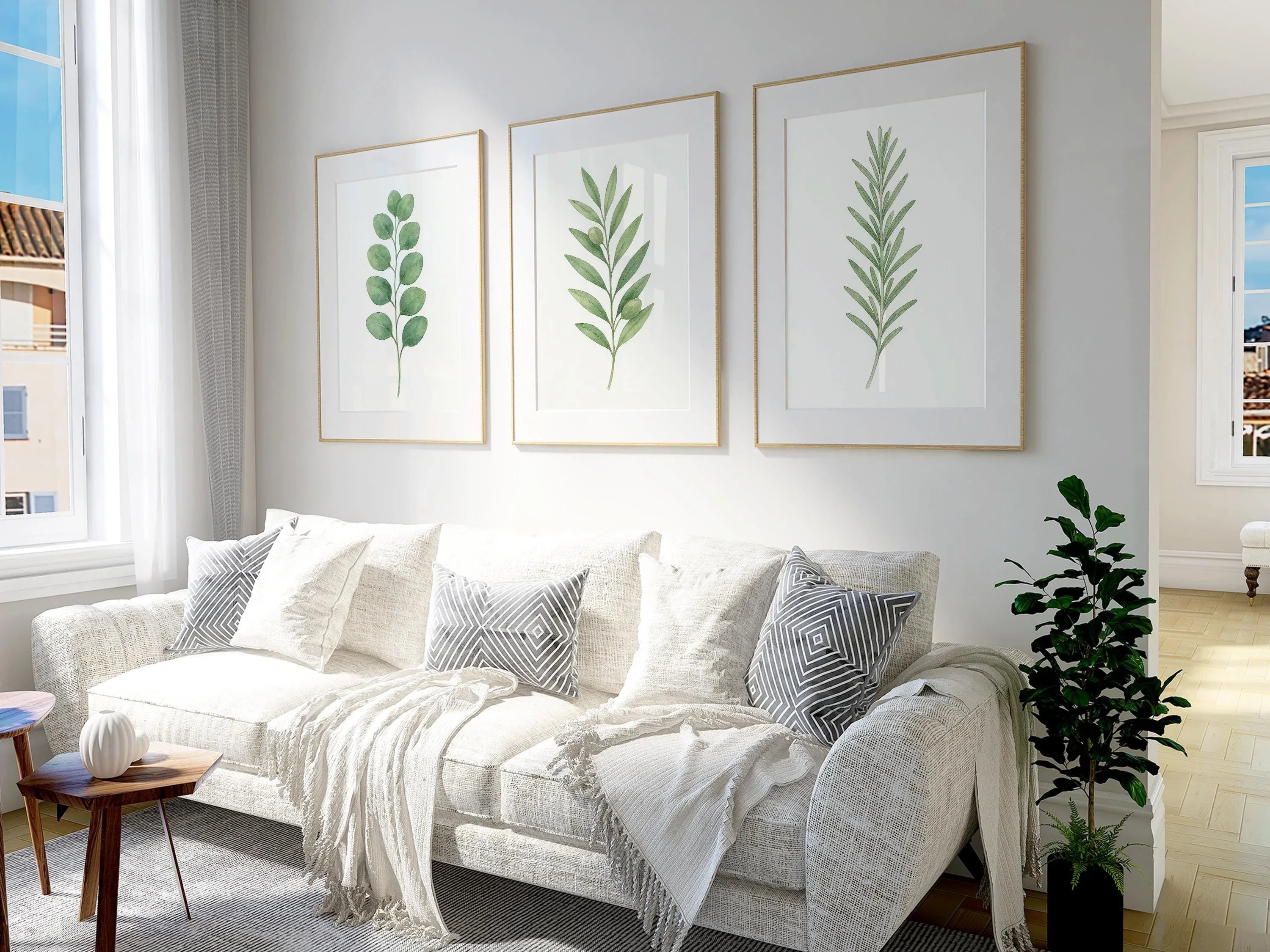 Eucalyptus leaf wall art set of 3 – minimalist green watercolour botanical