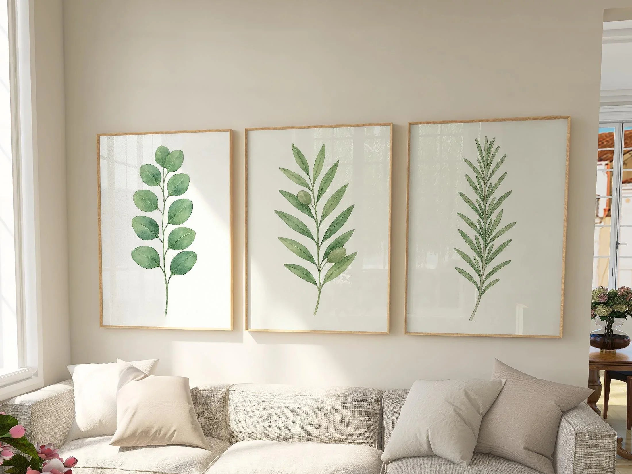 Eucalyptus leaf wall art set of 3 – minimalist green watercolour botanical