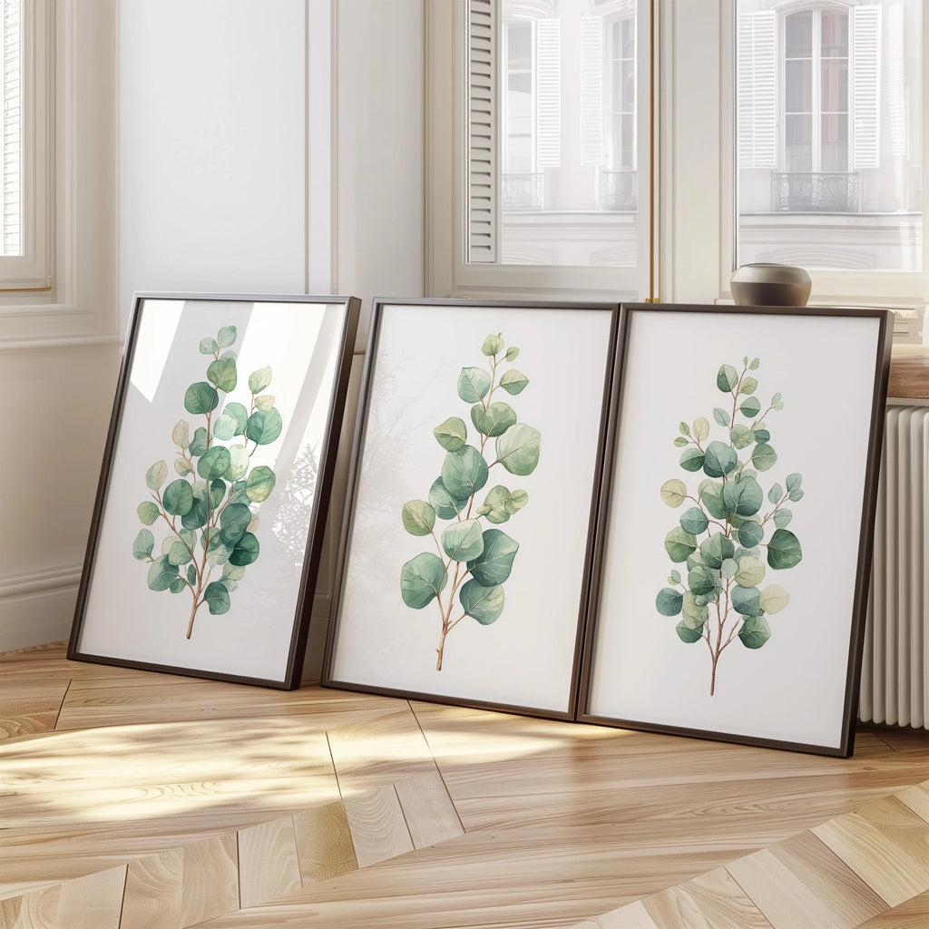 Eucalyptus watercolour wall art set of 3 – sage green botanical branches