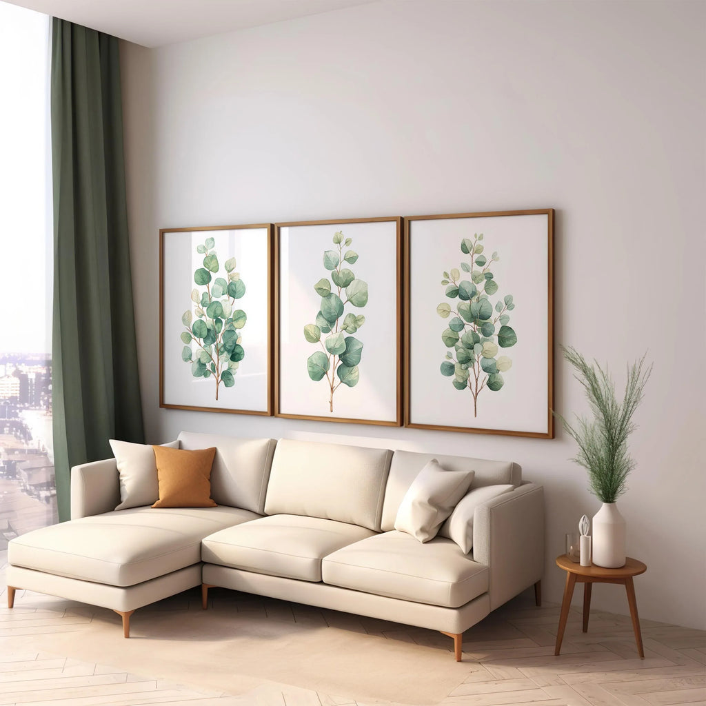 Eucalyptus watercolour wall art set of 3 – sage green botanical branches