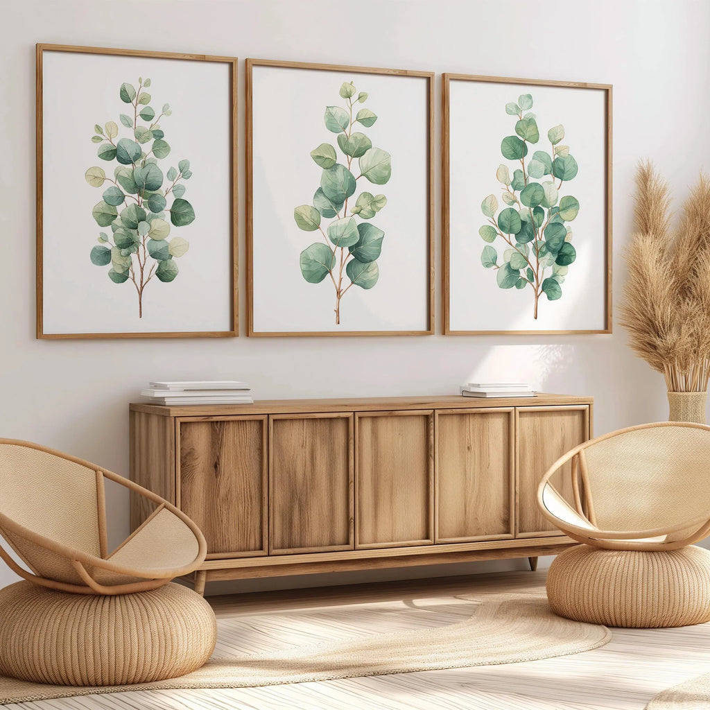 Eucalyptus watercolour wall art set of 3 – sage green botanical branches