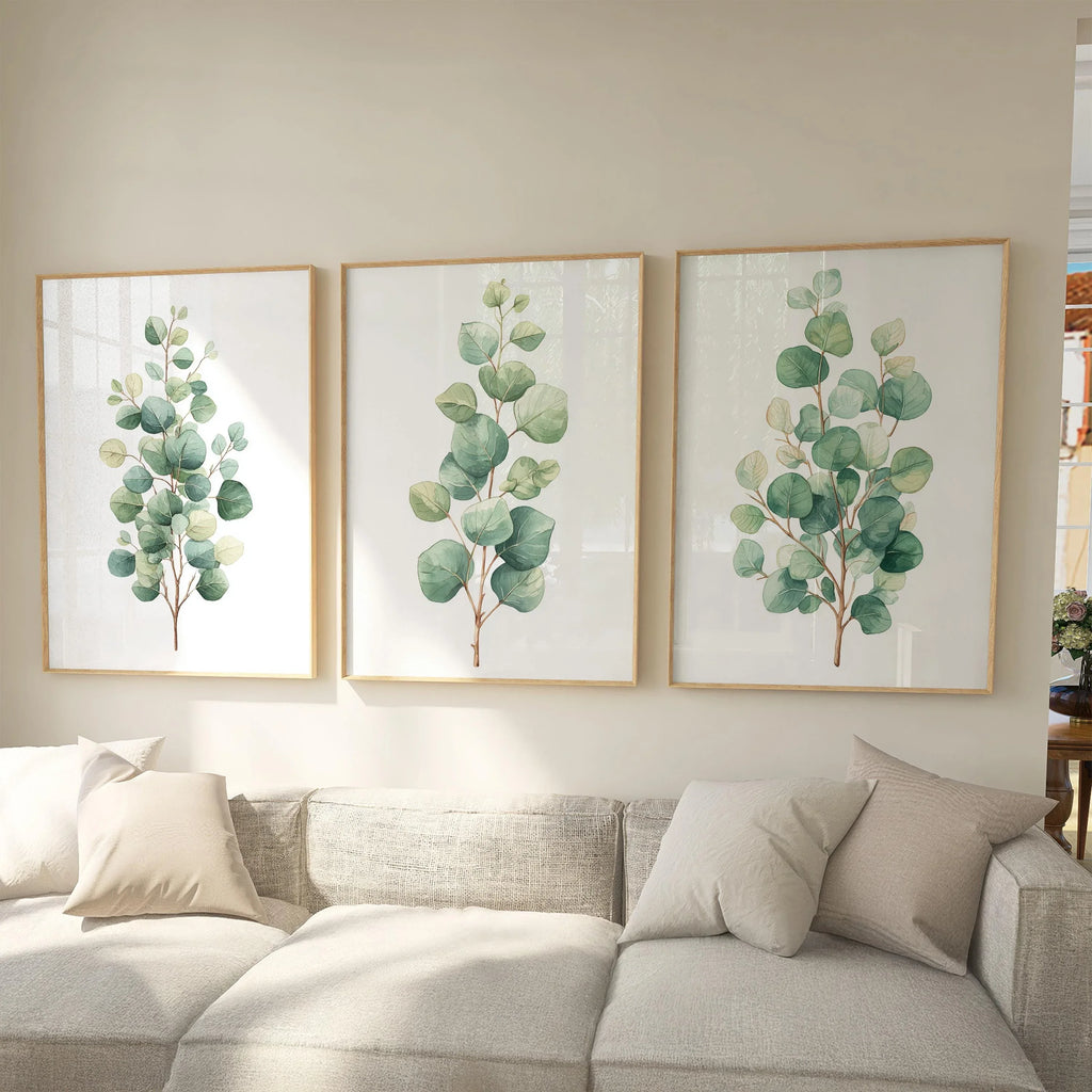 Eucalyptus watercolour wall art set of 3 – sage green botanical branches