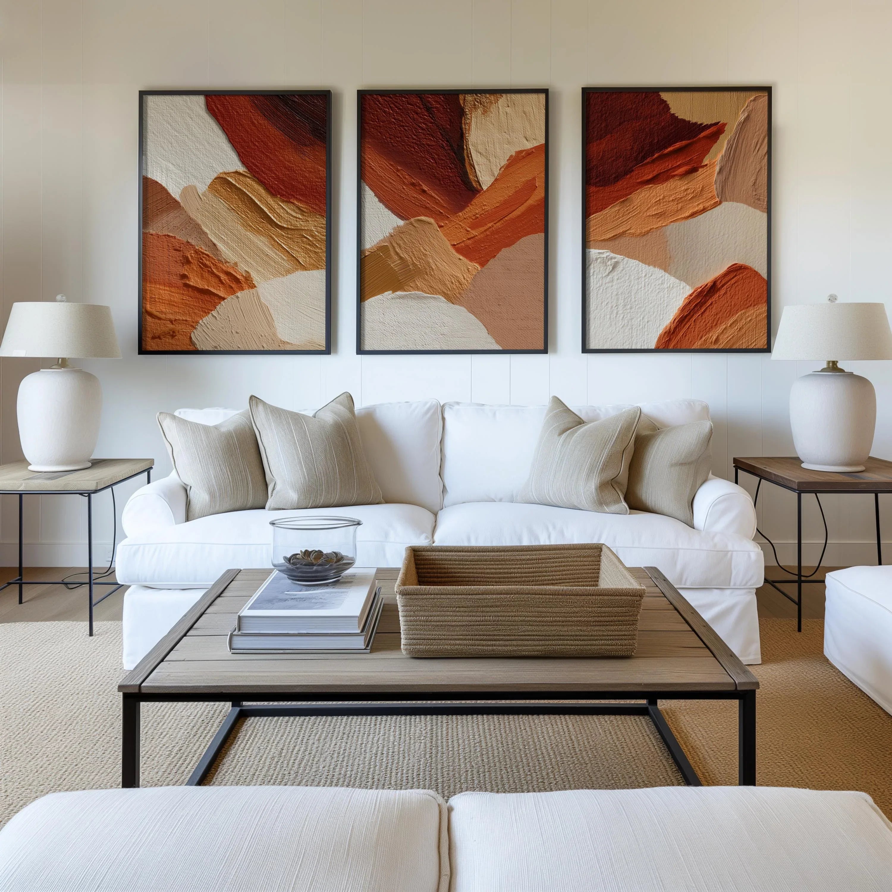 Fiery terracotta fusion wall art set of 3 – bold abstract warm textured triptych