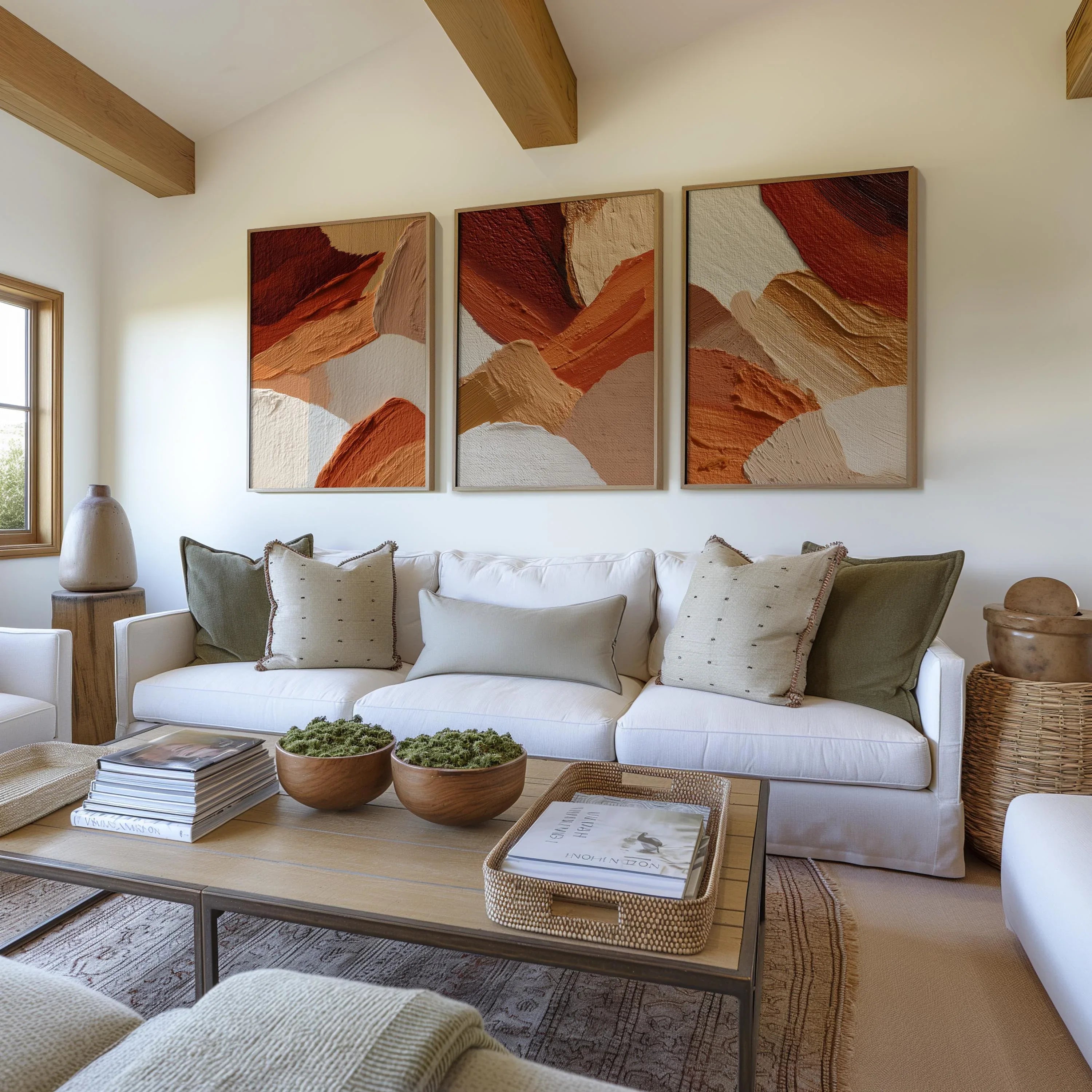 Fiery terracotta fusion wall art set of 3 – bold abstract warm textured triptych