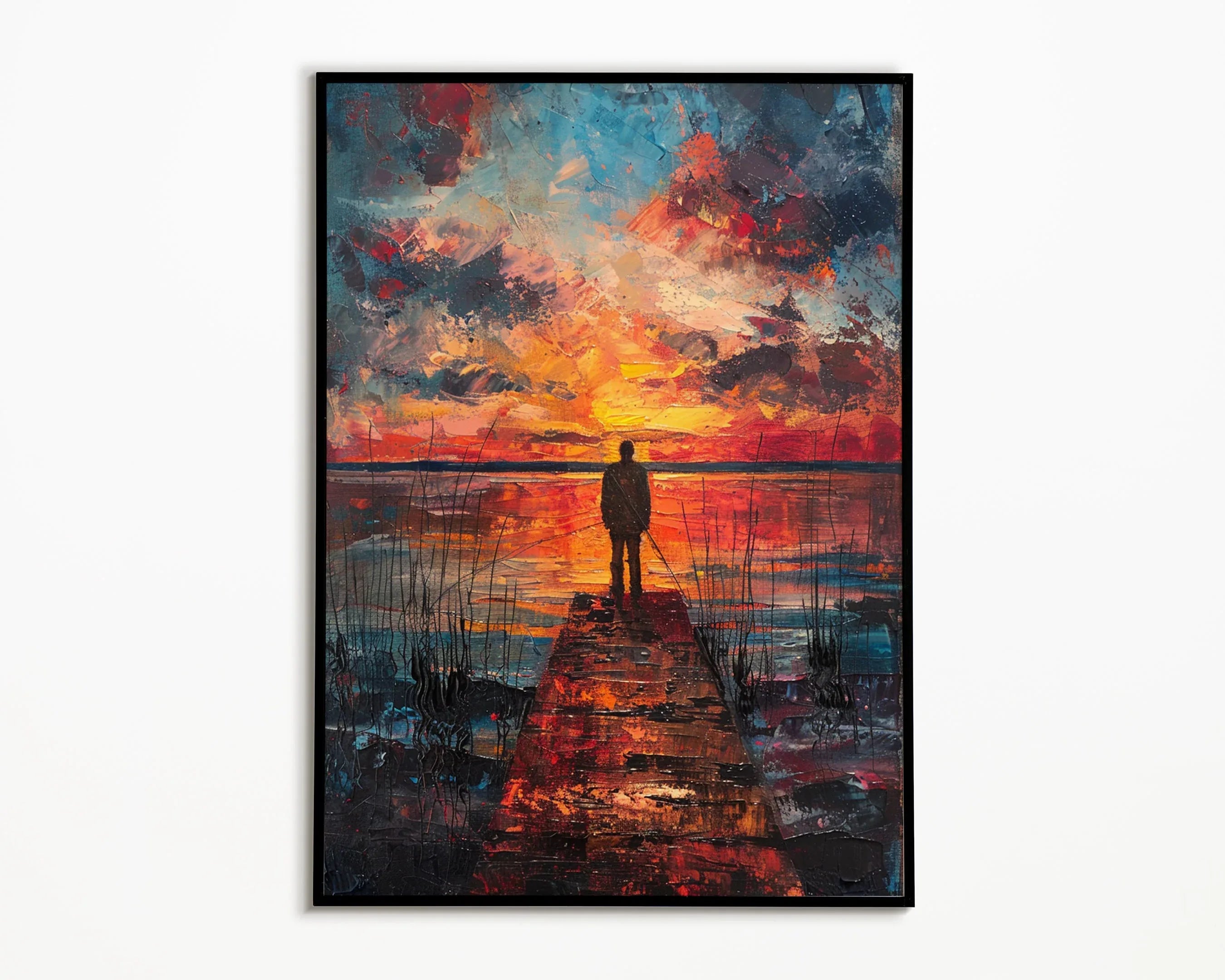 Sunset fisherman wall art – vibrant blue and orange evening dock landscape scene