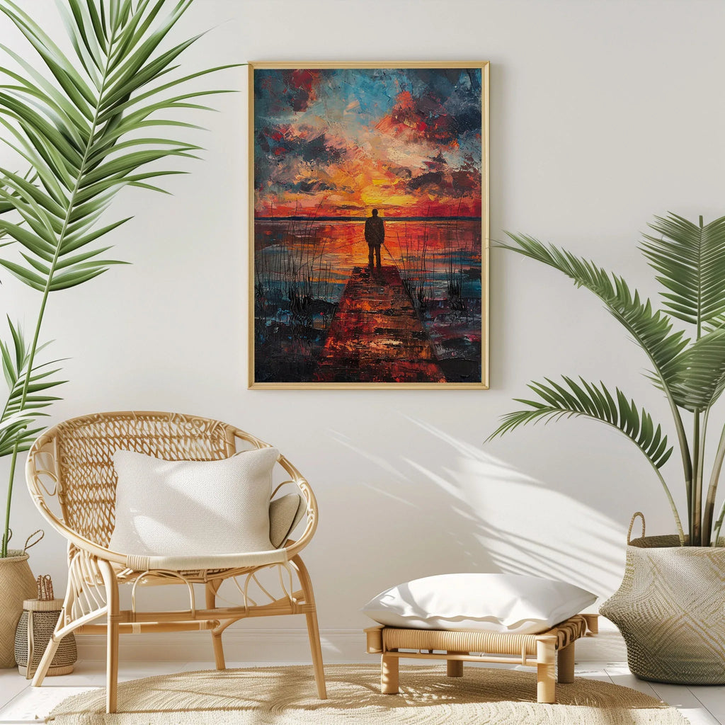 Sunset fisherman wall art – vibrant blue and orange evening dock landscape scene