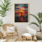 Sunset fisherman wall art – vibrant blue and orange evening dock landscape scene