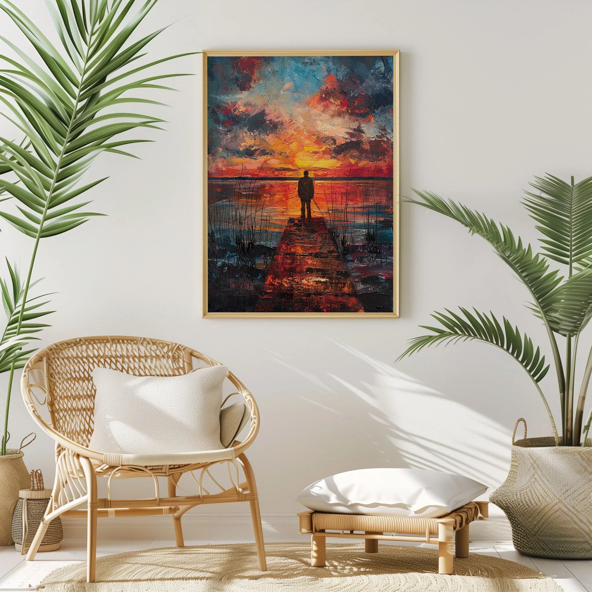 Sunset fisherman wall art – vibrant blue and orange evening dock landscape scene