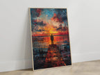 Sunset fisherman wall art – vibrant blue and orange evening dock landscape scene