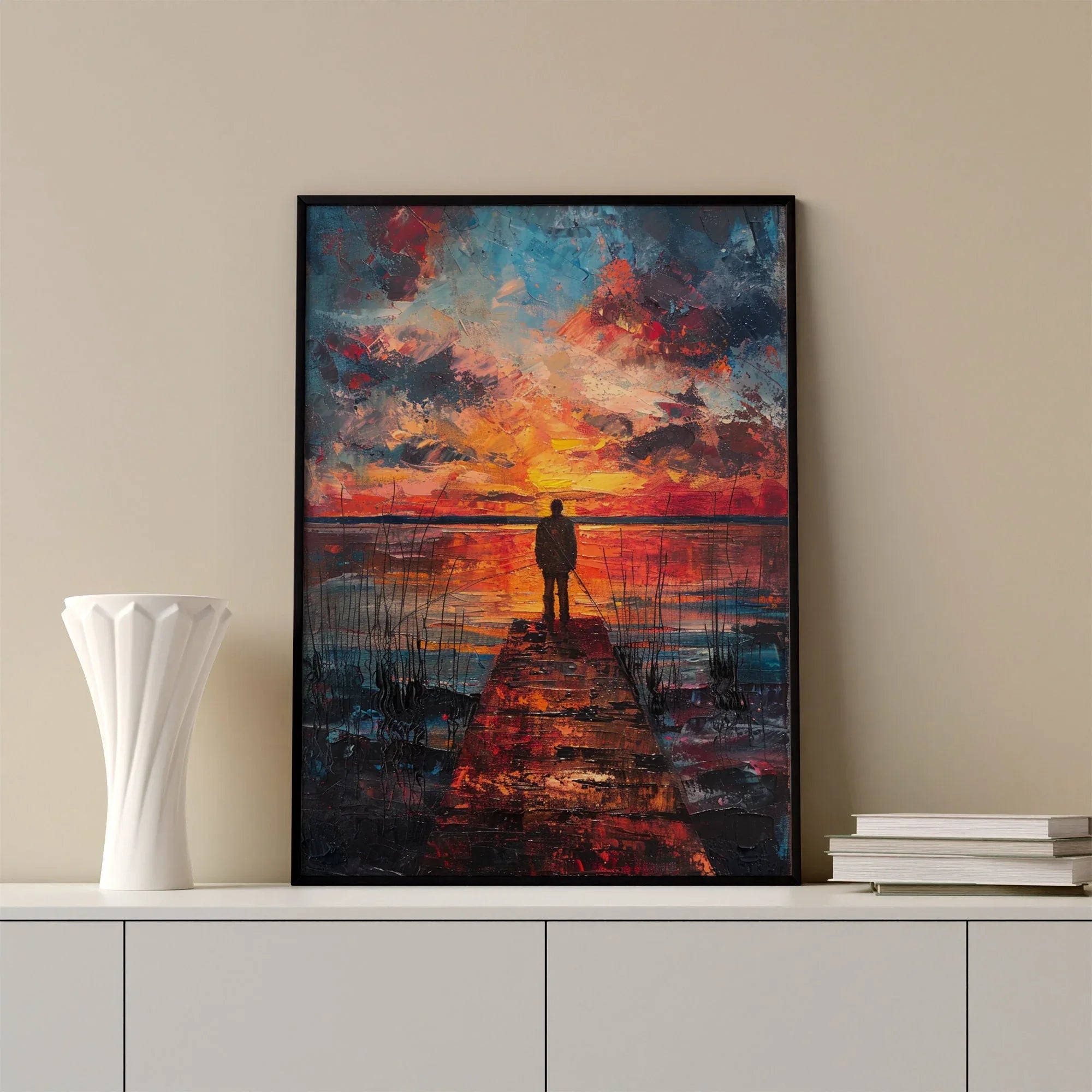 Sunset fisherman wall art – vibrant blue and orange evening dock landscape scene