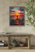 Sunset fisherman wall art – vibrant blue and orange evening dock landscape scene