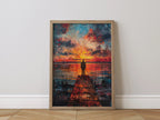 Sunset fisherman wall art – vibrant blue and orange evening dock landscape scene